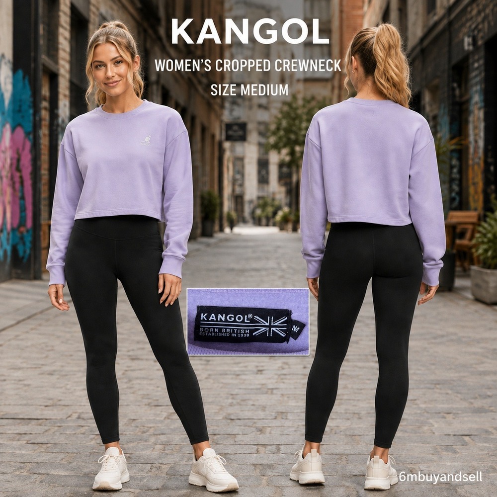 Kangol Womens Cropped Crewneck Sweatshirt Purple Lavender Logo Pullover Medium